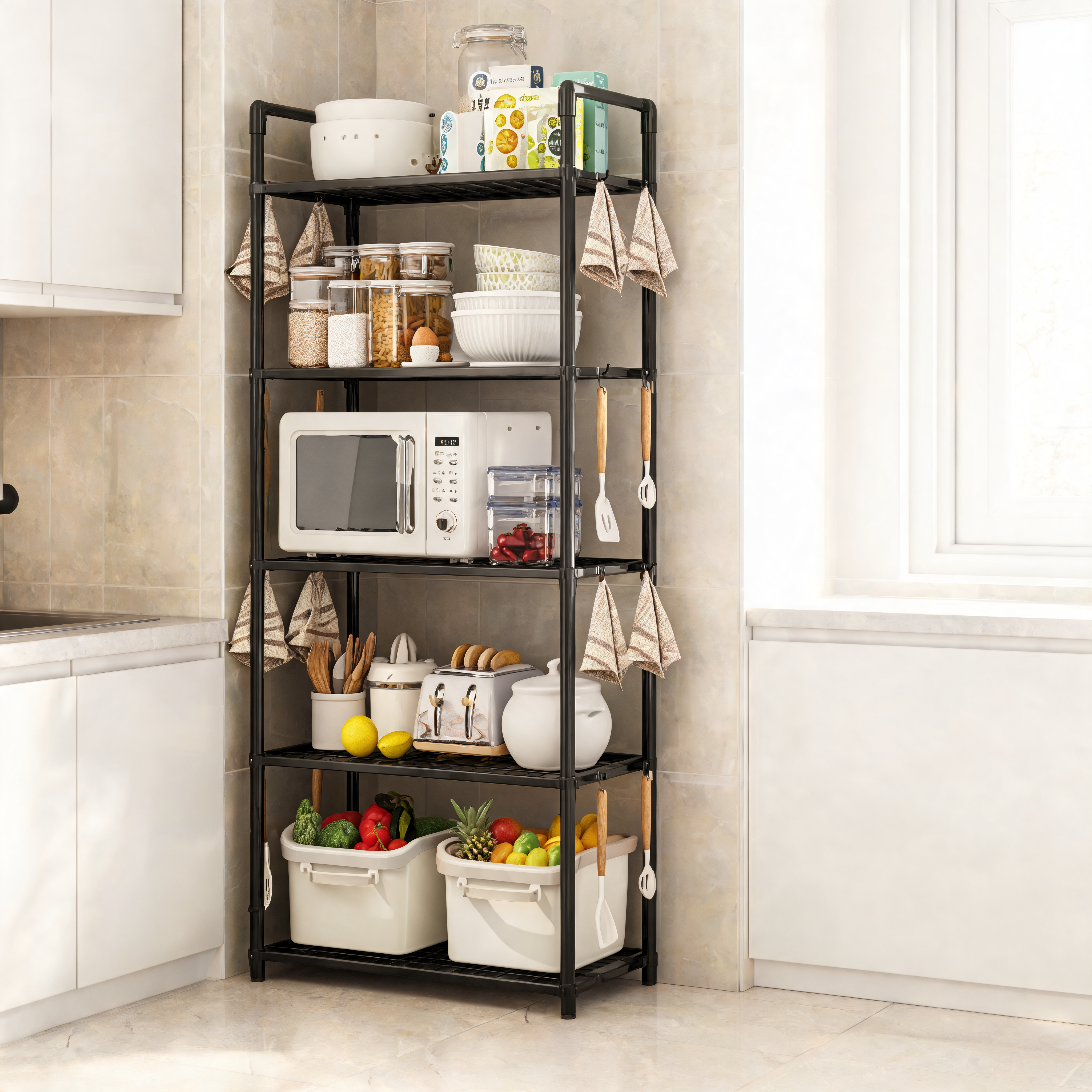 Black 5-tier shelving unit organizing a kitchen pantry corner